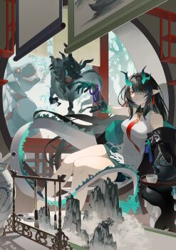 1girl absurdres arknights bare_shoulders bead_bracelet beads black_hair bracelet colored_extremities colored_skin commentary_request dragon_girl dragon_horns dragon_tail dusk_(arknights) earrings eastern_dragon_tail green_hands green_horns green_skin hair_over_one_eye highres horns jewelry long_hair looking_at_viewer mgr_palelight multicolored_hair necktie pointy_ears red_eyes solo streaked_hair tail tassel tassel_earrings