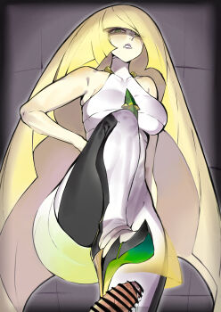 1girl absurdres blonde_hair green_eyes hand_on_own_hip highres hiro_(user_negm3832) long_hair lusamine_(pokemon) mature_female parted_lips pokemon pokemon_sm shoejob shoes