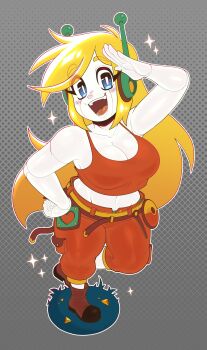 1girl absurdres android arm_up blonde_hair blue_eyes blush breasts cleavage collarbone crop_top curly_brace doukutsu_monogatari highres large_breasts looking_at_viewer navel open_mouth pants red_pants salute smile solo tongue toxicsoul77