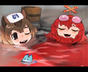 2girls ;3 ;d animal_ears bathing black_eyes brown_hair buck_teeth bucket capybara_(kemono_friends) capybara_ears closed_eyes eyewear_on_head furrowed_brow hirake!_ponkikki japari_symbol jpeg_artifacts kemono_friends kemono_friends_3 letterboxed long_hair looking_at_another lucky_beast_(kemono_friends) mukku multiple_girls one_eye_closed onsen open_mouth partially_submerged pink-tinted_eyewear raichiyo red_hair relief same-sex_bathing shared_bathing short_hair smile teeth tinted_eyewear towel towel_on_head u_u very_long_hair water wooden_bucket