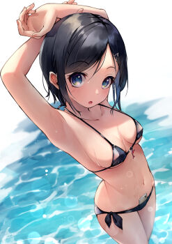 1girl 200f_(nifu) absurdres armpits arms_behind_head arms_up backlighting bikini black_bikini black_hair blush bob_cut breasts caustics cellphone charm_(object) collarbone day dolphin dripping foreshortening from_above glint hair_ornament hairclip halterneck highres lens_flare looking_at_viewer medium_breasts navel object_in_clothes object_in_swimsuit open_mouth original outdoors parted_bangs phone shiny_clothes short_hair side-tie_bikini_bottom signature smartphone solo standing string_bikini swimsuit underboob wading water wet