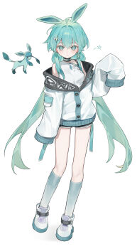 1girl :&lt; absurdres commentary_request full_body gen_4_pokemon glaceon highres humanization huu_(dighapdlxm12) jacket long_hair looking_at_viewer nintendo personification pokemon pokemon_(creature) shorts simple_background sleeves_past_fingers sleeves_past_wrists socks twintails white_background white_jacket