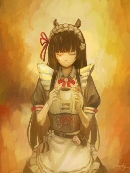 1girl alternate_costume animal_ears apron black_hair breasts brown_dress chisa_(wuthering_waves) chucky_(chucky1000sun) closed_eyes closed_mouth coffee_mug commentary_request cup dress enmaided fake_animal_ears hair_ribbon highres holding holding_cup maid maid_headdress medium_breasts mug official_alternate_costume puffy_short_sleeves puffy_sleeves red_ribbon ribbon short_sleeves signature solo straight-on wuthering_waves