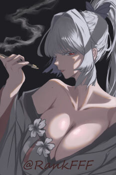 1girl absurdres breasts collarbone colored_eyelashes commentary_request grey_background grey_hair highres hiyuki_(wuthering_waves) holding holding_smoking_pipe large_breasts long_hair looking_at_viewer mole mole_on_shoulder off_shoulder parted_lips rankfff red_eyes simple_background smoking_pipe solo twitter_username upper_body wuthering_waves