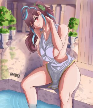 1girl absurdres alternate_costume arm_at_side arm_behind_head arm_up arthropod_girl artist_name blue_hair blush breasts brown_hair cleavage collarbone emikukis_(vtuber) eyebrows eyelashes feet_out_of_frame female_focus greek_clothes grin highres indie_virtual_youtuber insect_girl large_breasts light_blue_hair long_hair looking_at_viewer mao13 multicolored_hair outdoors pink_eyes ponytail short_ponytail sideboob smile solo spider_girl spread_legs teeth tunic two-tone_hair virtual_youtuber white_tunic