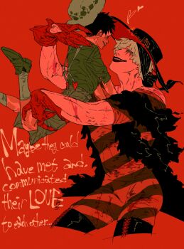 2boys black_hair blonde_hair boots catching commentary_request donquixote_rocinante english_text facepaint feather_boa gloves heart highres jurokutya male_focus multiple_boys multiple_scars one_piece red_background red_gloves red_lips red_theme scar smile thigh_boots trafalgar_law vitiligo