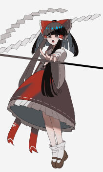 Rule 34 | 1girl, 950magi618, absurdres, bow, brown eyes, brown hair, brown shoes, commentary request, detached sleeves, frilled bow, frilled hair tubes, frilled skirt, frills, full body, gohei, grey background, hair bow, hair tubes, hakurei reimu, highres, holding, holding gohei, long hair, mary janes, red bow, red skirt, ribbon-trimmed skirt, ribbon-trimmed sleeves, ribbon trim, shoes, simple background, skirt, skirt set, socks, solo, touhou, white socks