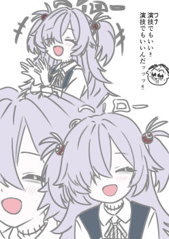 +++ 1girl :d ^_^ absurdres bags_under_eyes blue_archive blush choker closed_eyes collared_shirt commentary_request doodle_inset eyeball_hair_ornament facing_viewer gallve grey_hair hair_over_one_eye halo hands_up happy highres kanoe_(blue_archive) long_bangs long_hair multiple_views neck_ribbon one_eye_covered open_hands open_mouth portrait ribbon school_uniform shirt simple_background sketch smile spiked_hair translation_request two_side_up upper_body white_background white_shirt