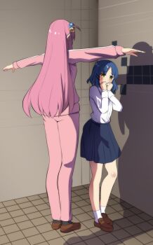 2girls absurdres assert_your_dominance_(meme) bathroom black_skirt blue_hair blush bocchi_the_rock! brown_footwear commentary covering_own_mouth cube_hair_ornament english_commentary full_body gotoh_hitori hair_ornament highres hinghoi jacket loafers long_hair long_legs long_sleeves looking_at_another meme mole mole_under_eye multiple_girls one_side_up outstretched_arms own_hands_together pants parted_bangs pink_hair pink_jacket pink_pants pleated_skirt school_uniform shadow shirt shoes short_hair skirt socks t-pose tile_floor tile_wall tiles very_long_hair white_shirt white_socks yamada_ryo yellow_eyes