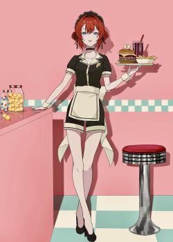 1girl :p alternate_costume ange_katrina apron back_bow badge bar_stool bare_legs belt black_choker black_headdress black_ribbon black_shirt black_shoes black_shorts blue_eyes bow breasts burger candy_jar character_badge choker cleavage closed_mouth collarbone commentary counter crossed_legs cup diner double-parted_bangs double_bun drink drinking_glass drinking_straw earrings food french_fries full_body hair_bun hair_intakes hair_ornament hand_on_table hand_up haruwo high_heels highres holding holding_food holding_tray indoors jar jewelry lapels looking_at_viewer maid_headdress mandragora_(ange_katrina) nijisanji notched_lapels pink_background pumps red_hair ribbon shadow shirt shirt_tucked_in shoes short_sleeves shorts sleeve_cuffs small_breasts smile solo standing stool straight-on symbol-only_commentary tile_floor tiles tongue tongue_out tray triangle_earrings triangle_hair_ornament virtual_youtuber waist_apron waitress white_apron white_belt white_bow white_wrist_cuffs wrist_cuffs