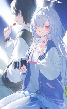 1boy 1girl alternate_costume backpack bag black_hair camera colored_eyelashes commentary fingernails food grey_hair grey_sweater halo hand_up highres holding holding_camera holding_food jacket letterman_jacket long_hair looking_at_viewer male_rover_(wuthering_waves) miniskirt mornye_(wuthering_waves) parted_lips red_eyes rover_(wuthering_waves) sitting skirt smile sweater symbol-only_commentary tacet_mark_(wuthering_waves) white_bag white_skirt wuthering_waves zua_(2vziu)