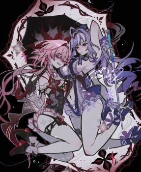 2girls ahoge black_background black_gloves blush bow breasts commentary criss-cross_halter drill_hair egg_snail evernight_(honkai:_star_rail) flower gloves hair_intakes halterneck hashtag-only_commentary high_heels holding holding_umbrella honkai:_star_rail honkai_(series) long_hair march_7th_(honkai:_star_rail) medium_breasts mihoyo multiple_girls navel official_alternate_costume one-piece_swimsuit pink_hair purple_hair red_eyes red_flower sideboob swimsuit thigh_strap umbrella very_long_hair vivian_banshee vivian_banshee_(iris_of_the_shore) white_streaks wrist_cuffs yuri zenless_zone_zero