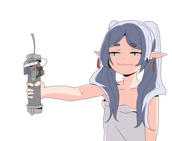 1girl :3 black_eyes bomb bread_forbidden bright_pupils commentary dress earrings elf english_commentary explosive floating_earrings frieren highres holding holding_weapon jewelry jitome left_4_dead left_4_dead_1 long_hair meme outstretched_arm parted_bangs pipe_bomb pointy_ears short_eyebrows smug solo sousou_no_frieren thick_eyebrows twintails upper_body weapon white_dress white_hair white_pupils you_can_just_give_this_kind_of_thing_to_men_and_they_will_be_thrilled_(meme)