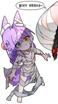 2girls ahoge alternate_costume arms_at_sides bandage_on_face bandages blood blood_on_clothes blue_eyes blurry blurry_foreground breast_awe breasts closed_mouth commentary_request cone_hair_bun crossed_bangs dot_mouth double_bun fox_girl fox_tail hair_between_eyes hair_bun hair_rings heterochromia highres korean_commentary korean_text large_breasts legs_apart long_bangs long_hair looking_at_breasts multiple_girls naked_bandage orange_eyes out_of_frame purple_hair purple_tail sammi_(33ammi) shadow shirayuki_hina simple_background speech_bubble standing stellive tail tenko_shibuki translation_request v-shaped_eyebrows virtual_youtuber white_background