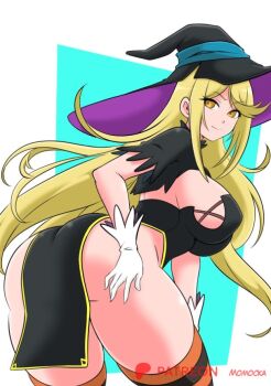 1girl ass bent_over black_capelet black_dress black_hat blonde_hair breasts capelet dress from_behind gloves halloween halloween_costume hand_on_own_ass hat large_breasts long_hair looking_at_viewer looking_back momocka-art mythra_(xenoblade) nintendo no_panties orange_thighhighs raised_eyebrow side_slit smile standing strapless strapless_dress striped_clothes striped_thighhighs thick_thighs thighhighs thighs white_background white_gloves witch witch_hat xenoblade_chronicles_(series) xenoblade_chronicles_2 yellow_eyes