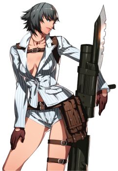 1girl black_hair breasts devil_may_cry devil_may_cry_(series) devil_may_cry_4 gloves jacket jewelry kalina_ann_(weapon) lady_(devil_may_cry) necklace no_bra official_art seven_knights shorts smile thigh_strap third-party_source white_jacket white_shorts