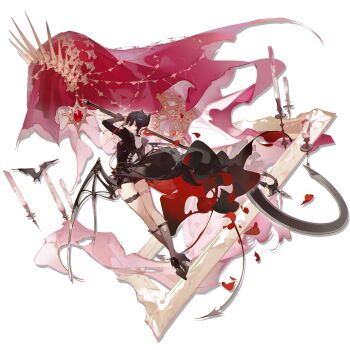 1girl absurdres animal arknights ask_(askzy) bat_(animal) black_hair black_shorts black_tailcoat crossed_ankles entelechia_(arknights) formal_clothes from_behind full_body gloves grey_socks hair_horns highres holding holding_scythe holding_weapon kneehighs long_sleeves micro_shorts official_art pink_theme pointy_ears red_eyes red_gloves red_lips scythe shin_strap shorts simple_background socks solo tailcoat thigh_strap third-party_source transparent_background two-sided_tailcoat weapon