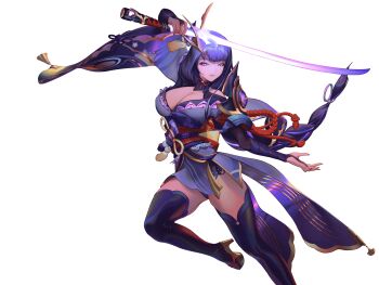 1girl absurdres blue_flower braid breasts cleavage closed_mouth commentary flower genshin_impact geta hair_flower hair_ornament high_heels highres holding holding_sword holding_weapon japanese_clothes katana kimono large_breasts long_hair looking_at_viewer low-braided_long_hair low-tied_long_hair mitsudomoe_(shape) musou_isshin_(genshin_impact) obi obiage obijime oclet purple_eyes purple_hair raiden_shogun rope sash signature simple_background solo standing sword tassel thighhighs tomoe_(symbol) torii vision_(genshin_impact) weapon white_background wide_sleeves