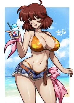 1girl :d artist_logo beach belt bikini bikini_bottom_under_shorts bikini_under_clothes blush breasts brown_eyes brown_hair contrapposto cowboy_shot cutoffs denim denim_shorts fingernails food freya_(langrisser) highres holding holding_food langrisser large_breasts logo looking_at_viewer medium_hair micro_shorts navel open_belt open_mouth orange_bikini pink_ribbon print_bikini ribbon rotomdocs shaved_ice shorts smile solo star_(symbol) star_print star_print_bikini strap_gap swimsuit wrist_ribbon