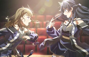 5girls ampere_(love_live!) bare_shoulders black_hair black_shirt blue_coat blue_skirt blue_sky braid breasts brown_hair center-flap_bangs coat dancing dollchestra fishnet_pantyhose fishnets game_cg half_up_braid half_updo highres kachimachi_kosuzu katsuragi_izumi link!_like!_love_live! long_hair long_sleeves love_live! midriff miniskirt multiple_girls murano_sayaka murano_tsukasa non-web_source o-ring off-shoulder_coat off_shoulder official_alternate_costume official_art ogami_sachi ogami_sachi_(post-graduation) open_mouth pantyhose pink_eyes pleated_skirt profile shirt side_braids skirt sky sleeveless sleeveless_shirt small_breasts virtual_youtuber