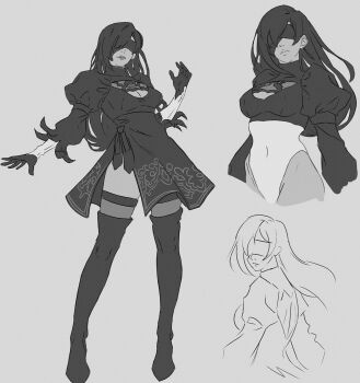 2b_(nier:automata) 2b_(nier:automata)_(cosplay) black_boots black_dress black_gloves black_hair black_thighhighs black_visor blindfold boots breasts cleavage cleavage_cutout closed_mouth clothing_cutout cosplay covered_navel dress feather_trim final_fantasy final_fantasy_vii final_fantasy_vii:_ever_crisis full_body gloves grey_background greyscale hair_over_one_eye highres jeseni juliet_sleeves leotard long_hair long_sleeves medium_breasts monochrome multiple_views official_alternate_costume puffy_sleeves short_dress side_slit thigh_boots thighhighs tifa_lockhart turtleneck turtleneck_dress upper_body white_leotard