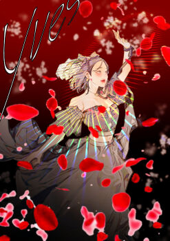 Rule 34 | 1girl, absurdres, arm up, artist name (singer), black hair, black skirt, commentary, detached sleeves, falling petals, feet out of frame, goddessgrayfruit, highres, jewelry, looking up, loona (group), necklace, petals, real life, red background, red lips, red petals, ribbon, short hair, simple background, skirt, wrist ribbon, yves (loona)