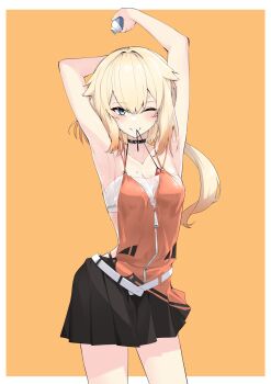 1girl arm_up armpits bikini black_skirt blonde_hair blue_eyes breasts cevio highleg highleg_bikini highres one_(cevio) one_-_kagayaku_kisetsu_e one_eye_closed short_hair skirt small_breasts smile solo swimsuit water_drop zooanime