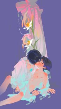 2boys alternate_costume blue_hair blunt_ends blush body_markings bottomless closed_eyes collarbone commentary_request cum cum_on_body doll_joints dual_persona eyeshadow feet_out_of_frame flower french_kiss full_body genshin_impact gold_ring hair_between_eyes handjob highres joints kiss long_sleeves makeup missing_headwear multiple_boys nipples open_clothes open_robe purple_background purple_hair qiao2121 red_eyeshadow robe scaramouche_(genshin_impact) selfcest short_hair simple_background sitting wanderer_(genshin_impact) white_flower white_robe wide_sleeves yaoi