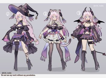 1girl absurdres animal_ears apron artist_name asymmetrical_legwear bare_shoulders black_boots black_dress black_hat black_shoes black_skirt black_sleeves black_thighhighs blue_eyes boots breasts cat_ears cat_tail citlali_(genshin_impact) cleavage cleavage_cutout clothing_cutout commentary_request demon_tail detached_sleeves dress floating_headgear genshin_impact gradient_hair grey_background hat headgear highres horns ichiyume_ichiyu lace-up_boots long_hair long_sleeves maid_apron maid_headdress medium_breasts midriff multicolored_hair navel pink_hair shoes simple_background skirt tail thigh_boots thighhighs twitter_username white_apron white_headdress wings witch_hat