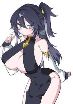 1girl absurdres bare_shoulders bent_over black_dress black_hair blush bra breast_cutout breasts bursting_breasts china_dress chinese_clothes cleavage closed_mouth cocktail_dress collarbone colored_inner_hair commentary_request covered_collarbone covered_navel cowboy_shot detached_sleeves dress frown grey_eyes grey_hair hair_between_eyes hand_up high_ponytail highres huge_breasts long_hair long_sleeves looking_at_viewer multicolored_hair narrow_waist nervous no_bra no_panties oimotororo1116 original ponytail sideboob simple_background skindentation sleeves_past_wrists solo standing sweat sweatdrop thick_eyelashes tsurime underwear white_background white_sleeves yuuka_(oimotororo1116)