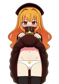 1girl ami_(ammy33) black_pantyhose blush cameltoe clothes_lift clothes_pull dress dress_lift etrian_odyssey female_focus flashing lifting_own_clothes loli long_hair looking_at_viewer navel orange_eyes orange_hair panties pantyhose pantyhose_pull print_panties solo star_(symbol) star_panties star_print sweat underwear white_background white_panties zodiac_(sekaiju) zodiac_4_(sekaiju)