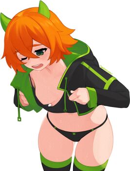 1girl adversarial_noise black_jacket black_panties black_thighhighs breasts copyright_request cowboy_shot crop_top d; green_jacket green_thighhighs highres horns jacket one_eye_closed open_clothes open_jacket open_mouth orange_hair panties small_breasts solo teeth thighhighs underwear upper_teeth_only white_background yoako