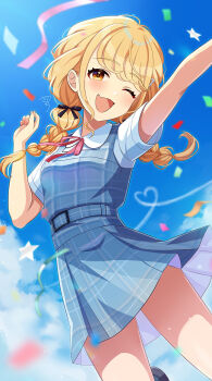 1girl ;d antenna_hair arm_up belt black_bow blonde_hair blue_belt blue_dress blue_sky bow braid brown_eyes cloud collared_shirt commentary_request confetti day dress fujita_kotone gakuen_idolmaster hair_bow heart idolmaster jumping light_particles long_hair looking_at_viewer neck_ribbon one_eye_closed open_mouth outdoors outstretched_arm pinafore_dress red_ribbon ribbon sakura_ran shirt short_sleeves signature sky sleeveless sleeveless_dress smile solo star_(symbol) twin_braids twintails white_shirt
