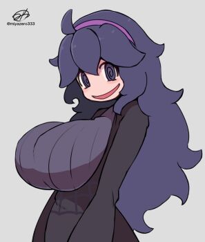 1girl @_@ ahoge black_dress black_hair blush breasts dress grey_background hairband hex_maniac_(pokemon) hex_maniac_(pokemon_xy) highres huge_breasts long_hair long_sleeves looking_at_viewer miyazero nintendo open_mouth pokemon pokemon_xy print_dress purple_eyes smile spider_web_print standing
