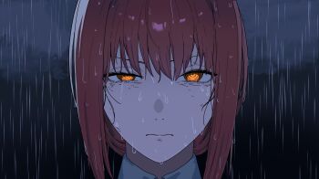 1girl @_@ absurdres ashamutoki chainsaw_man closed_mouth cloud commentary dark_background english_commentary highres looking_at_viewer makima_(chainsaw_man) rain red_hair reze&#039;s_eye_twitch_(chainsaw_man) solo wet