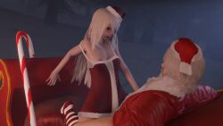 1boy 1girl 3d a2_(nier:automata) absurdres animated blue_eyes bouncing_breasts breasts candy candy_cane clothed_sex cowgirl_position cum dante_(devil_may_cry) dress ejaculation food hat hetero highres lazyprocrastinator medium_breasts nier:automata nier_(series) nipple_slip nipples outdoors santa_costume santa_dress santa_hat sex straddling striped_clothes striped_thighhighs thighhighs vaginal video white_hair