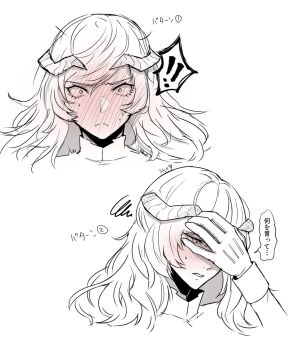 Rule 34 | !, 1boy, :<, arm up, blush, closed mouth, collared shirt, commentary request, constricted pupils, embarrassed, eyelashes, full-face blush, gloves, greyscale, hand on own face, highres, horns, long hair, long sleeves, louis (metaphor: refantazio), male focus, metaphor: refantazio, monochrome, multiple views, nervous sweating, parted lips, shirt, simple background, sketch, sleeve cuffs, speech bubble, spoken exclamation mark, spot color, surume imo, sweat, sweatdrop, swept bangs, white background