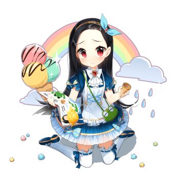 1girl aged_down apron aqua_bow black_hair blue_dress blue_shoes bow clarice_lapis cloud dress food forehead frilled_dress frills gold_hairband hair_bow hairband holding holding_ice_cream_cone holding_notebook ice_cream ice_cream_cone kneeling long_hair notebook puffy_short_sleeves puffy_sleeves rainbow red_eyes salt_(salty) shoes short_sleeves tearing_up thighhighs uchi_no_hime-sama_ga_ichiban_kawaii water_drop white_apron white_thighhighs