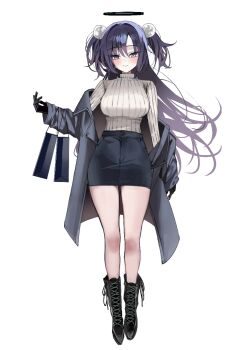 1girl alternate_costume arm_at_side bag black_bag black_boots black_coat black_gloves black_skirt blue_archive boots breasts closed_mouth coat floating_hair full_body gloves halo hand_up large_breasts long_hair looking_at_viewer mango_(mango0208) pom_pom_(clothes) purple_hair red_pupils ribbed_sweater shopping_bag simple_background skirt solo standing sweater turtleneck turtleneck_sweater two_side_up very_long_hair white_background white_sweater yuuka_(blue_archive)