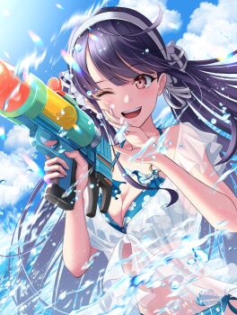 Rule 34 | 1girl, ;d, absurdres, alternate costume, bikini, black hair, blue bikini, blue sky, blunt bangs, breasts, cleavage, cloud, commentary, commission, cowboy shot, day, double bun, floating hair, floral print, floral print bikini, hair between eyes, hair bun, hair ribbon, hairband, halterneck, hands up, happy, heaven burns red, highres, holding, holding water gun, kepekki kanojo, large breasts, light blush, long hair, looking at viewer, low twintails, o-ring, o-ring bikini, o-ring top, one eye closed, open mouth, outdoors, pixiv commission, print bikini, red eyes, ribbon, satsuki mari, side-tie bikini bottom, sidelocks, sky, smile, solo, splashing, swimsuit, teeth, twintails, upper teeth only, very long hair, water, water drop, water gun, white hairband, white ribbon