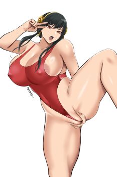 1girl absurdres areola_slip arm_behind_back bare_shoulders black_hair breasts cleavage collarbone covered_erect_nipples covered_navel earrings frontal_wedgie gold_earrings hand_on_own_crotch highleg highleg_one-piece_swimsuit highres jewelry knee_up leotard long_sidelocks one-piece_swimsuit open_mouth orange_eyes partially_visible_vulva salute shibusun sidelocks signature simple_background solo spy_x_family standing standing_on_one_leg swimsuit teeth upper_teeth_only v veins veiny_breasts wedgie white_background yor_briar