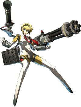 Rule 34 | 1girl, absurdres, aigis (persona), blonde hair, blue eyes, fighting stance, full body, gatling gun, gun, highres, huge weapon, joints, missile, narrow waist, necktie, official art, oribe hanako, persona, persona 3, persona 4: the ultimate in mayonaka arena, red necktie, robot, robot joints, simple background, solo, standing, third-party source, transparent background, weapon
