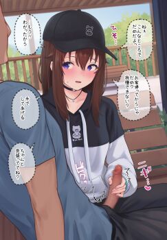 1boy 1girl baseball_cap black_choker black_hat black_hoodie blush brown_hair choker commentary_request dot_nose hair_between_eyes handjob hat heart hetero highres hololive hood hoodie long_hair long_sleeves multicolored_hoodie official_alternate_costume on_bench open_mouth outdoors penis puffy_sleeves purple_eyes roke_(taikodon) shirt short_sleeves speech_bubble tokino_sora tokino_sora_(dj_hoodie) translation_request virtual_youtuber white_hoodie