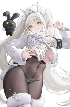 1girl absurdres bag black_nails black_pantyhose black_rabbit_(animal) blanc_(fortune_express)_(nikke) blanc_(nikke) boots breasts coat commentary_request covered_navel fur-trimmed_boots fur-trimmed_collar fur_trim goddess_of_victory:_nikke handbag hat high-waist_pantyhose highres kurone_rinka large_breasts lifting_own_clothes long_hair looking_at_viewer no_bra official_alternate_costume official_alternate_hairstyle panties panties_under_pantyhose pantyhose parted_lips smile solo twintails underboob underwear v very_long_hair white_background white_boots white_coat white_hair white_hat white_nails winter_clothes winter_coat yellow_eyes