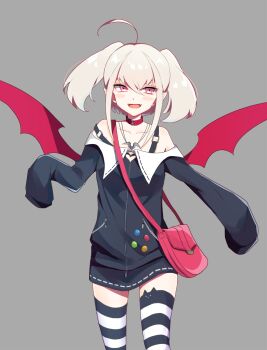 1girl :d ahoge animal_ear_legwear asymmetrical_legwear badge bag bare_shoulders belt_collar black_jacket black_skirt black_thighhighs blush breasts button_badge cat_ear_legwear collar collarbone colored_tips cowboy_shot demon_wings dyed_ahoge fangs grey_background grey_hair hair_between_eyes handbag highres jacket jewelry makaino_ririmu makaino_ririmu_(2nd_costume) medium_hair miniskirt mismatched_legwear multicolored_hair necklace nijisanji off-shoulder_jacket off_shoulder open_mouth pointy_ears poteo_(ruma_30) red_bag red_collar red_eyes red_streaks red_wings shoulder_bag sidelocks simple_background skirt sleeves_past_fingers sleeves_past_wrists small_breasts smile solo standing strap_slip streaked_hair striped_clothes striped_thighhighs thighhighs twintails virtual_youtuber white_thighhighs wings zettai_ryouiki zipper zipper_pull_tab