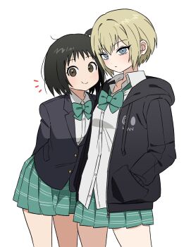 2girls arashiyama_hotori arms_behind_back black_hair black_jacket blonde_hair blue_eyes bow bowtie brown_eyes closed_mouth commentary_request green_bow green_bowtie green_skirt hands_in_pockets highres hood hood_down hooded_jacket jacket kon_futaba korean_commentary leaning_forward long_sleeves looking_at_viewer miniskirt multiple_girls open_clothes open_jacket pleated_skirt shirt shiryoku_kensa short_hair skirt smile soredemo_machi_wa_mawatteiru white_background white_shirt