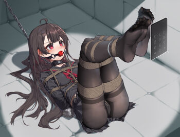 1girl absurdres ahoge arms_behind_back ball_gag bdsm black_pantyhose black_serafuku black_shirt blush bondage bound bound_arms bound_legs box_tie breast_bondage breasts brown_hair chain chain_leash collar collarbone crotch_rope gag gagged highres leash legs_up long_hair looking_to_the_side lying midriff neckerchief on_back original panties panties_under_pantyhose pantyhose red_eyes red_neckerchief restrained sailor_collar school_uniform serafuku shibari shibari_over_clothes shirt skindentation small_breasts solo underwear very_long_hair white_panties wiffle_gag xiongmao