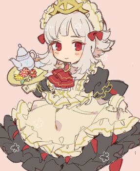 1girl apron ascot black_dress blush_stickers bow brooch closed_mouth cowboy_shot dress fire_emblem fire_emblem_heroes flower frilled_dress frills grey_hair highres holding holding_plate jewelry long_sleeves maid maid_apron maid_headdress mbkmmm nintendo pink_background pink_flower plate red_ascot red_bow red_flower short_hair_with_long_locks simple_background skirt_hold sleeve_cuffs smile solo teapot veronica_(fire_emblem) veronica_(tea_party)_(fire_emblem) yellow_apron yellow_flower