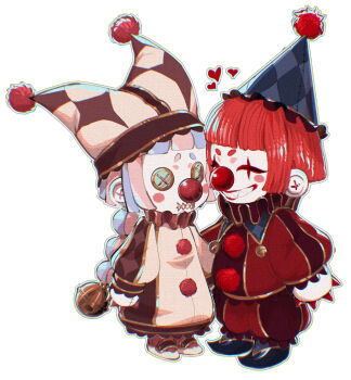 2girls absurdres bell blackberreh-art blue_hair button_eyes buttons character_doll chibi chibi_only closed_eyes clown clown_makeup clown_nose commentary doll english_commentary green_eyes grin hat heart highres jester jester_cap jingle_bell multiple_girls nikola_orsinov original pink_hair poppet_(blackberreh-art) red_hair sharp_teeth smile stitched_mouth stitches stuffed_toy teeth the_magnus_archives yuri