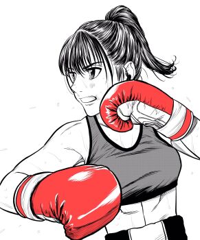 1girl abs boxing boxing_gloves boxing_shorts breasts commentary_request fighting_stance flying_sweatdrops gloves greyscale high_ponytail highres lee_(dragon_garou) linea_alba medium_breasts midriff monochrome mouth_guard original ponytail red_gloves shorts solo sports_bra spot_color sweat upper_body very_sweaty